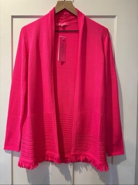NWT Lilly Pulitzer Bright Pink Open-Front Fringe Knit Noble Cardigan XS